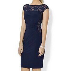 LRL Navy Lace Sequin Mesh Ruched Waist Cap‎ Sleeve Bodycon Lined Midi Dress Sz 4